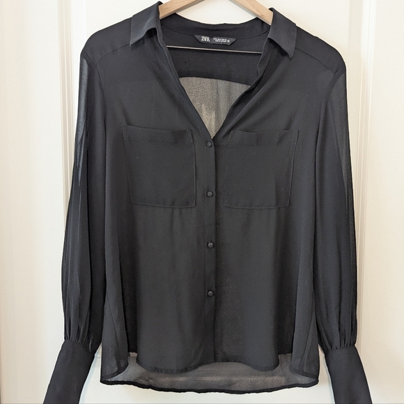 Zara Tops - ZARA Sheer Pocket Button Down Blouse Black Size Small
